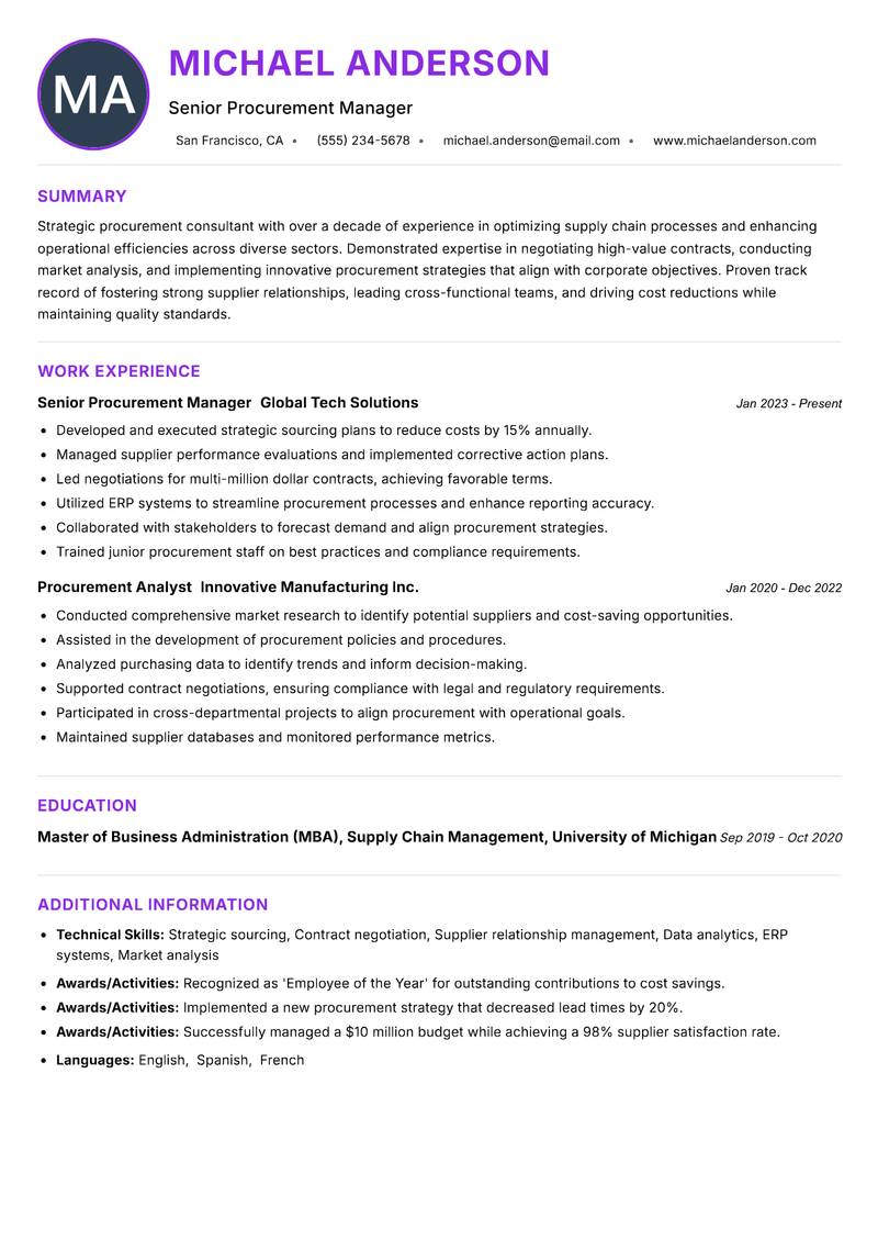 Procurement Consultant resume example