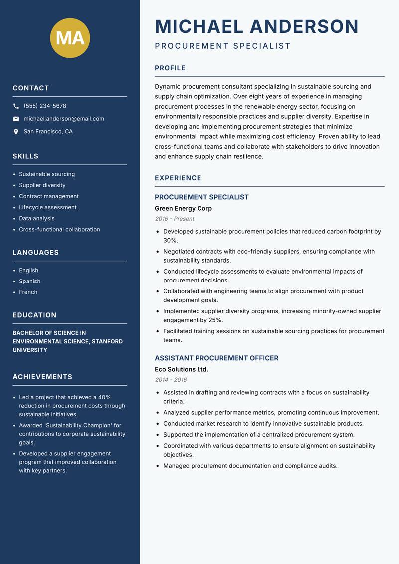Procurement Consultant resume sample — Procurement Specialist focus