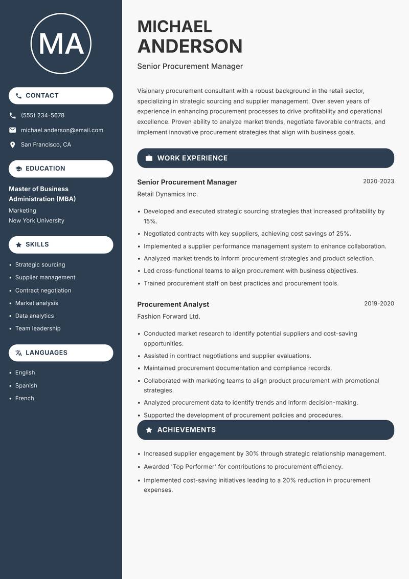 Procurement Consultant resume sample — Senior Procurement Manager focus