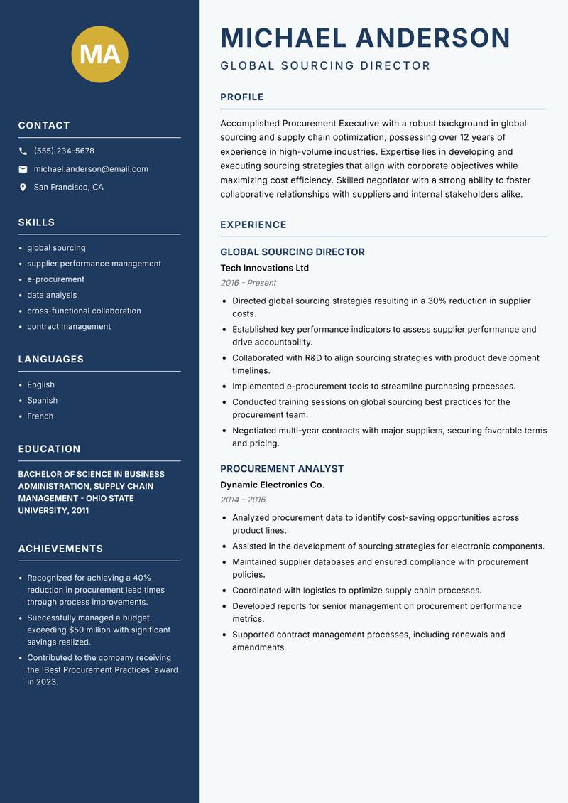 Procurement Executive resume sample — Global Sourcing Director focus