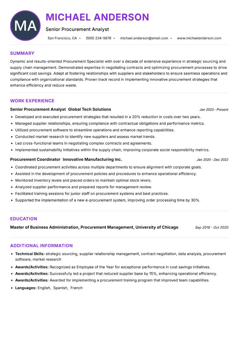 Procurement Specialist resume example