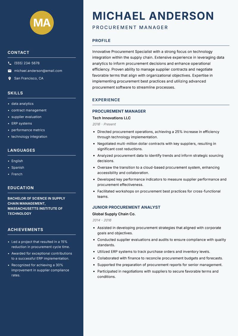 Procurement Specialist resume sample — Procurement Manager focus