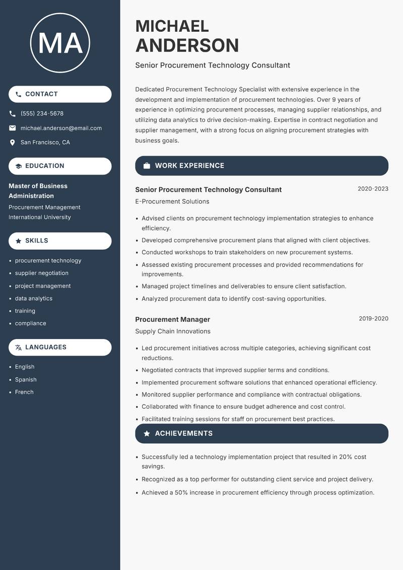 Procurement Technology Specialist resume sample — Senior Procurement Technology Consultant focus