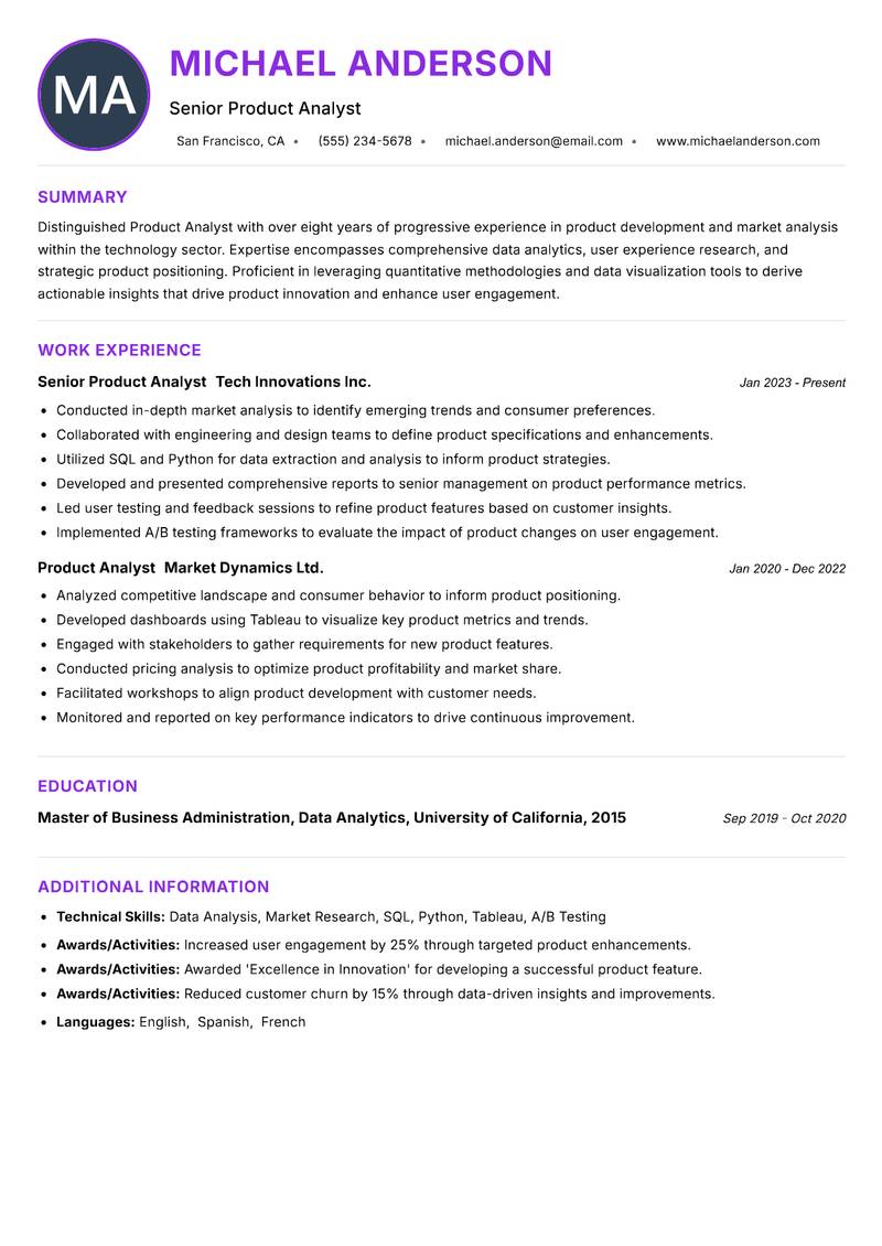 Product Analyst resume example