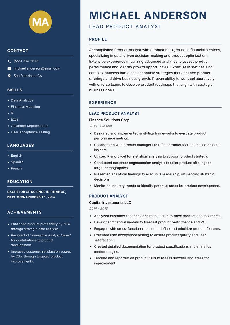 Product Analyst resume sample — Lead Product Analyst focus