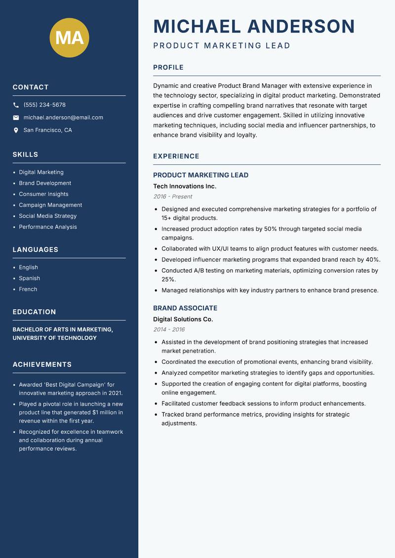 Product Brand Manager resume sample — Product Marketing Lead focus