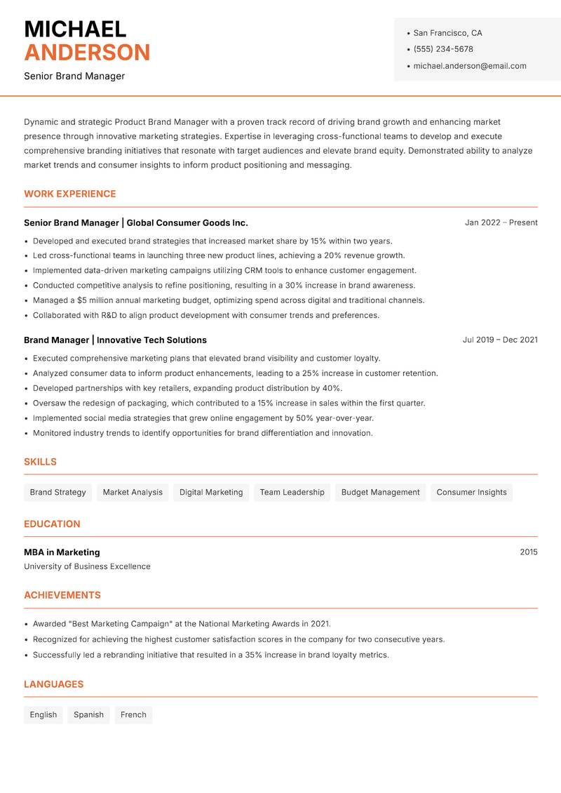 Product Brand Manager resume sample — Senior Brand Manager focus