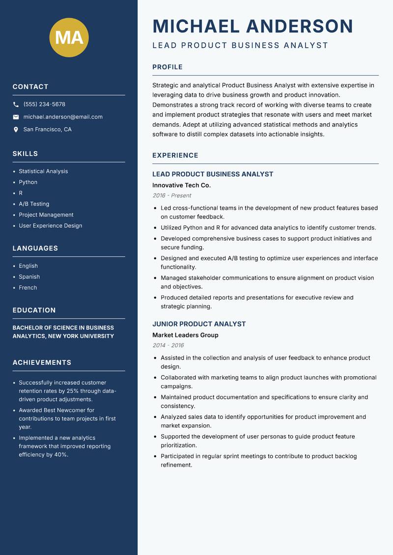 Product Business Analyst resume sample — Lead Product Business Analyst focus