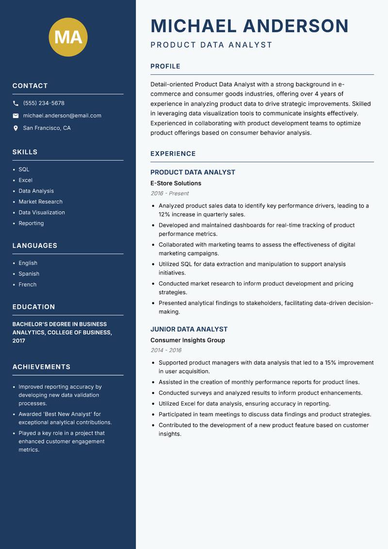 Product Data Analyst resume sample — Product Data Analyst focus
