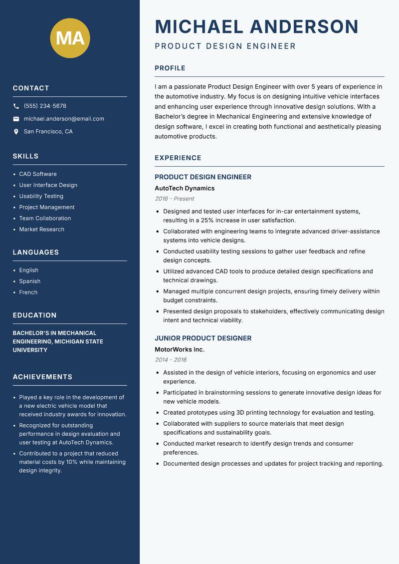 Product Design Engineer resume sample — Product Design Engineer focus