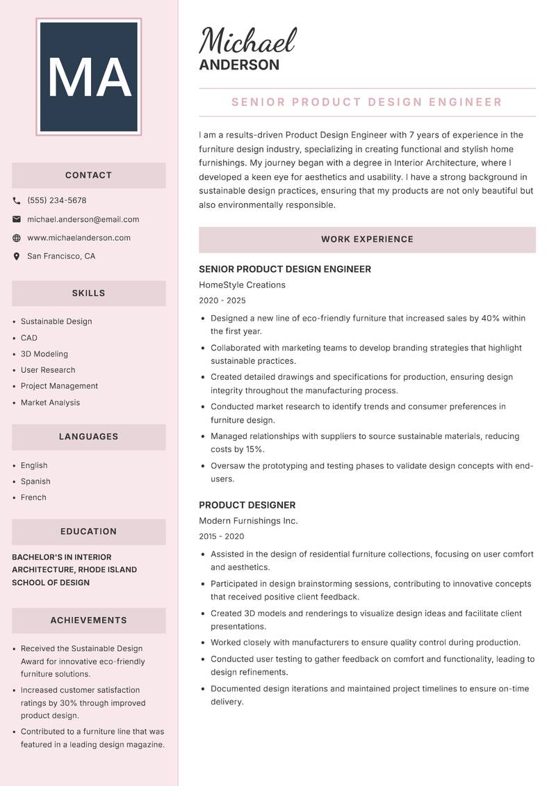 Product Design Engineer resume sample — Senior Product Design Engineer focus