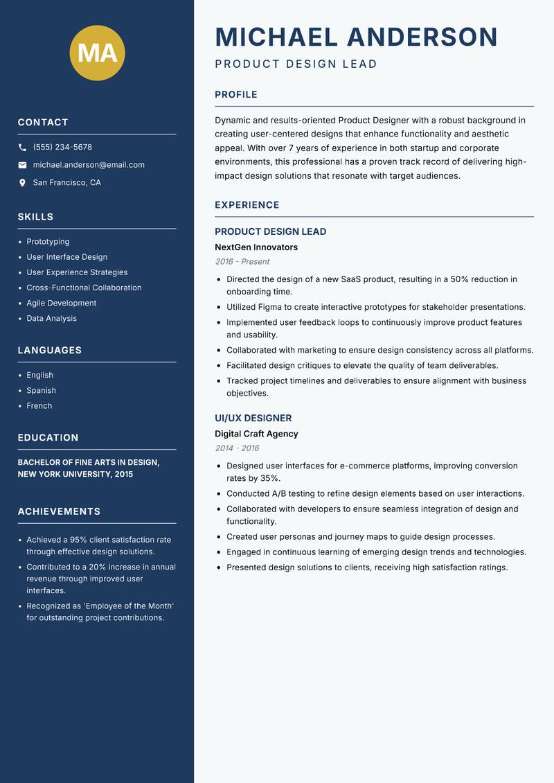 Product Designer resume sample — Product Design Lead focus