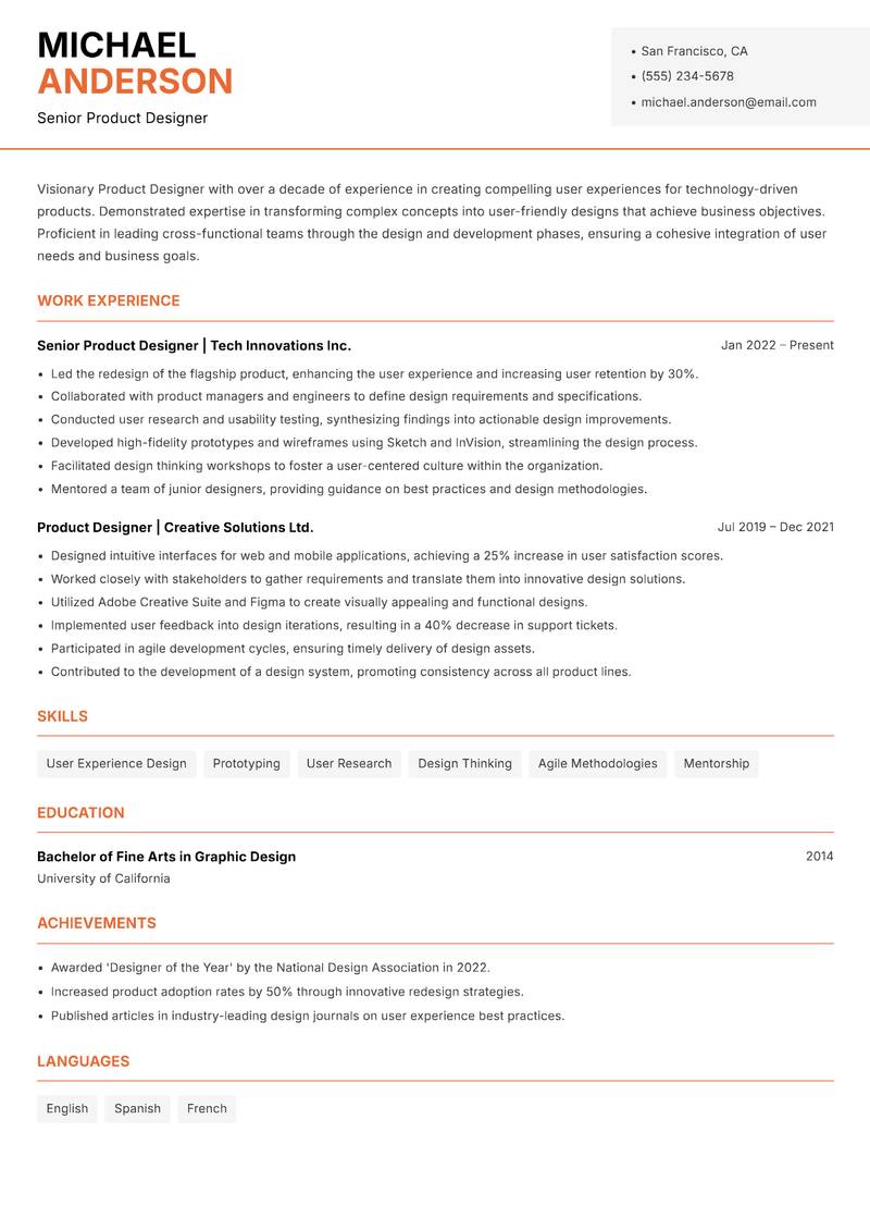 Product Designer resume sample — Senior Product Designer focus