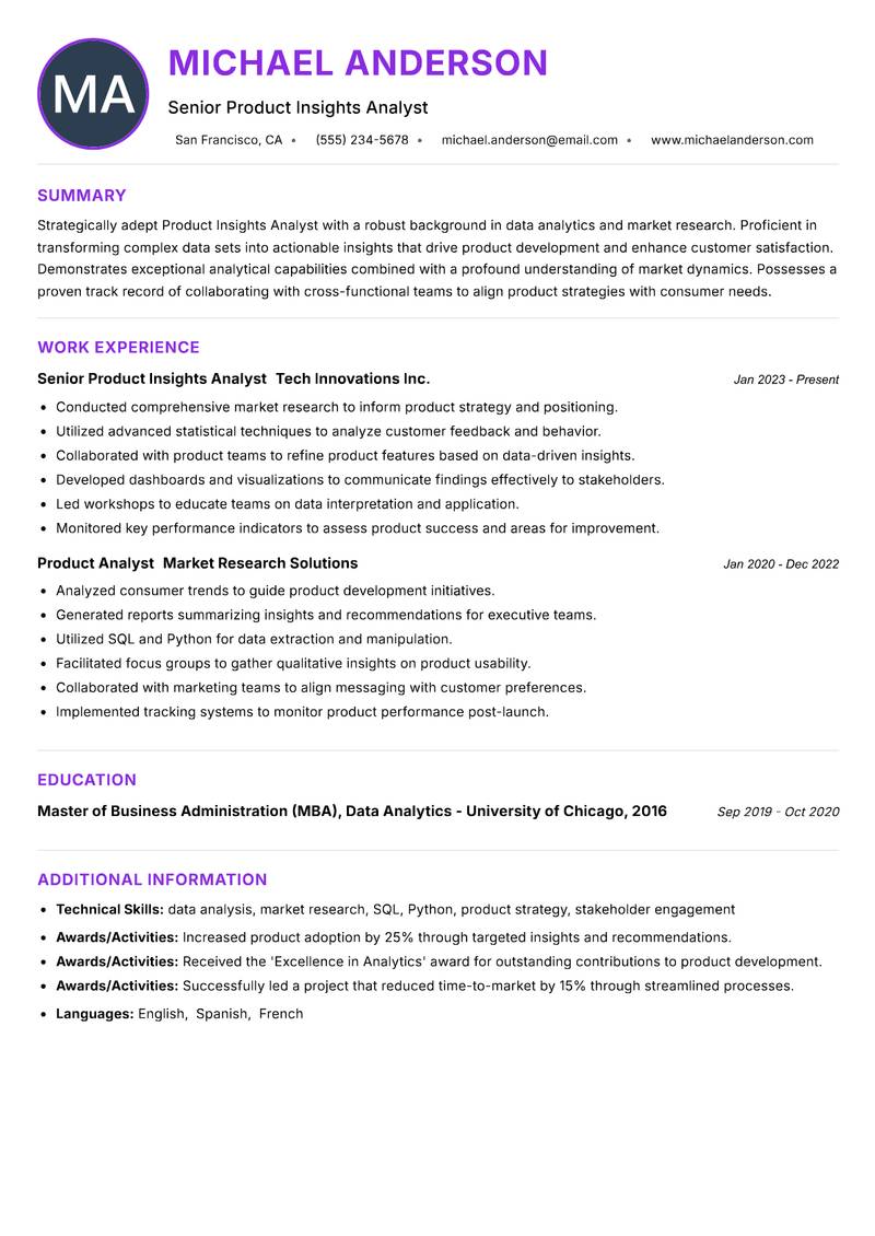 Product Insights Analyst resume example