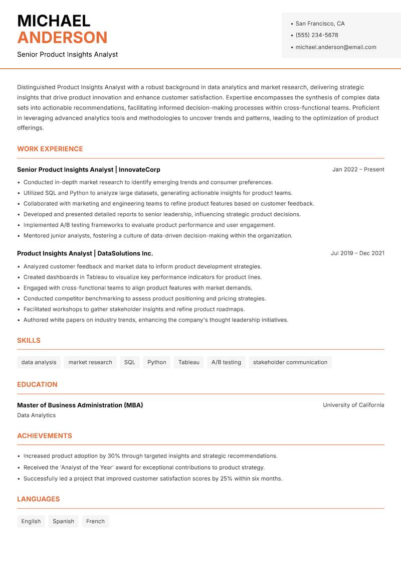 Product Insights Analyst resume sample — Senior Product Insights Analyst focus