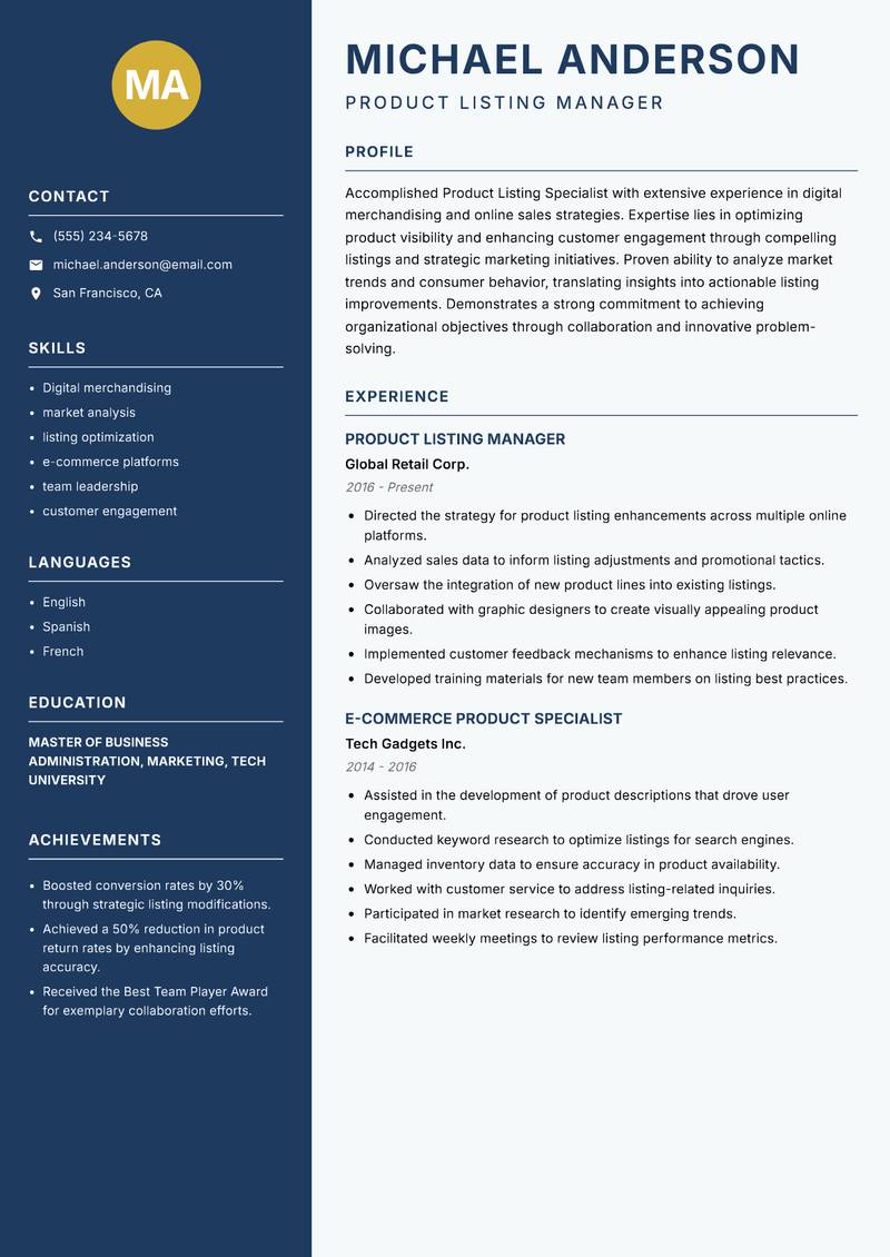 Product Listing Specialist resume sample — Product Listing Manager focus