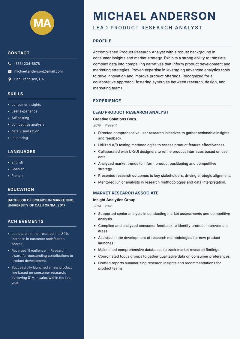 Product Research Analyst resume sample — Lead Product Research Analyst focus
