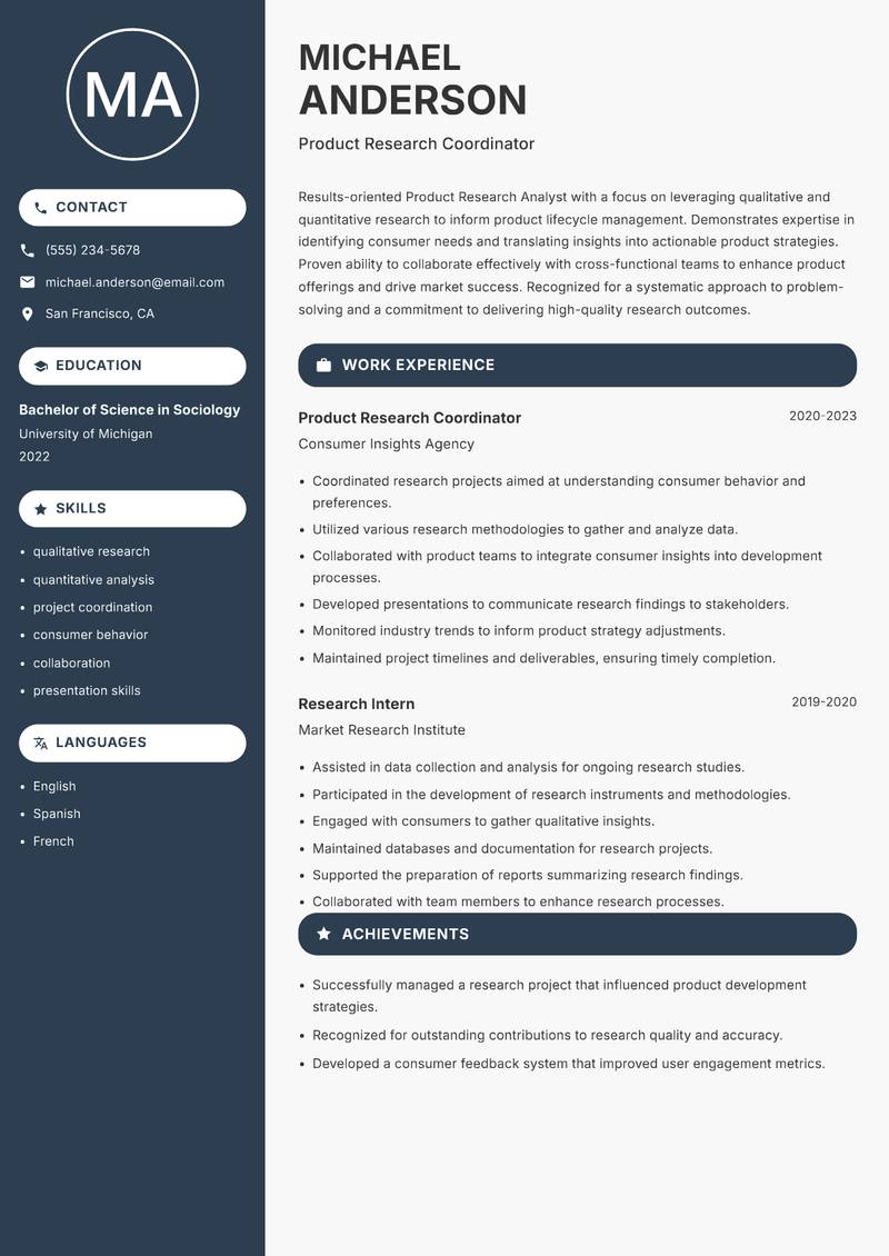 Product Research Analyst resume sample — Product Research Coordinator focus