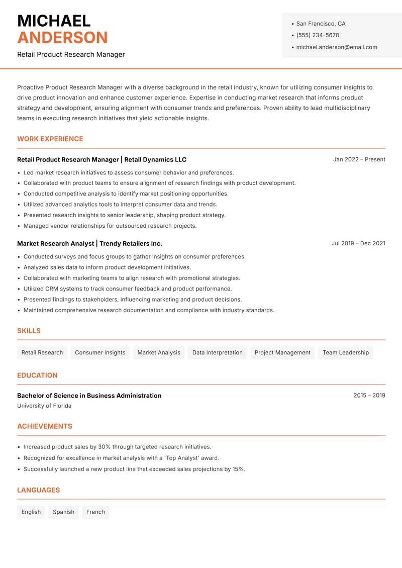 Product Research Manager resume sample — Retail Product Research Manager focus