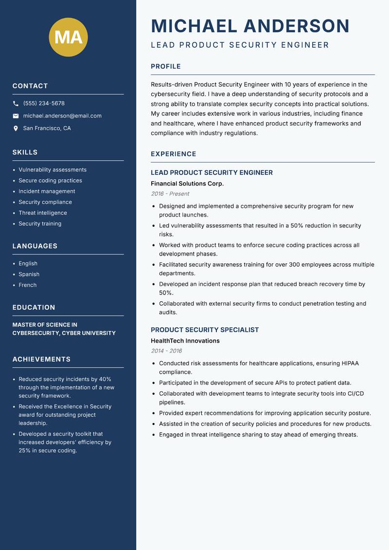 Product Security Engineer resume sample — Lead Product Security Engineer focus