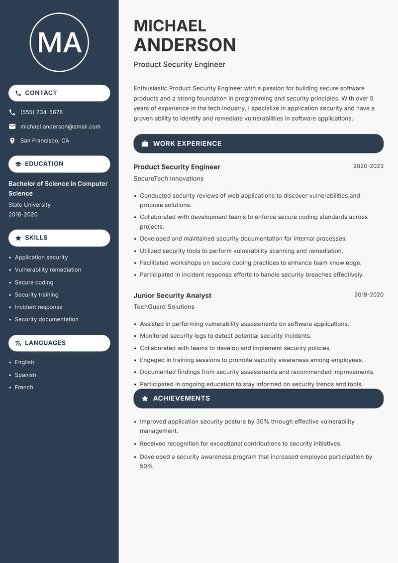 Product Security Engineer resume sample — Product Security Engineer focus