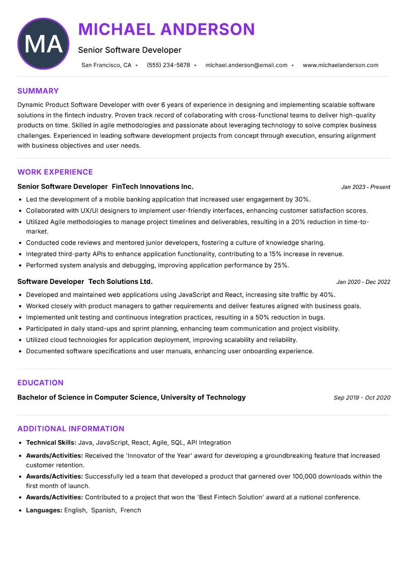 Product Software Developer resume example