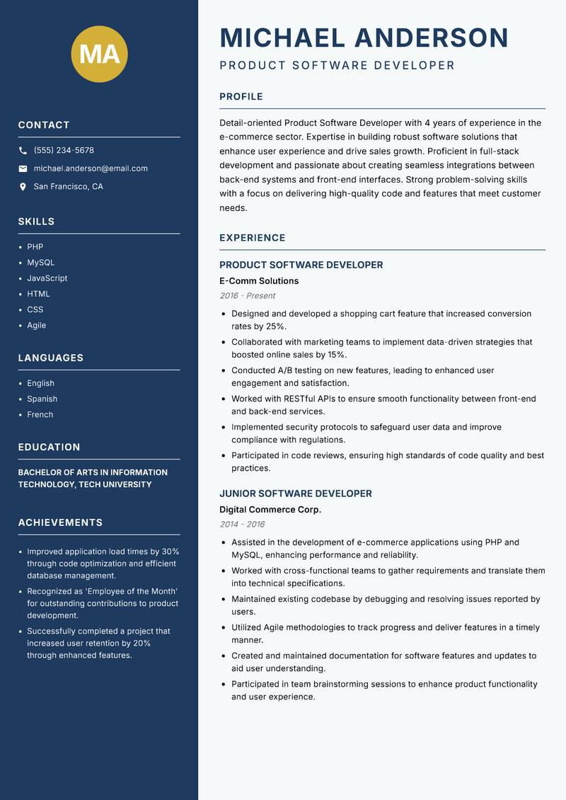 Product Software Developer resume sample — Product Software Developer focus