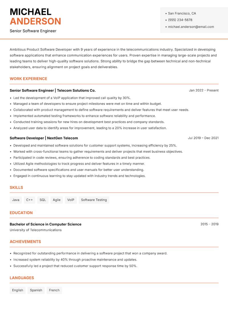 Product Software Developer resume sample — Senior Software Engineer focus