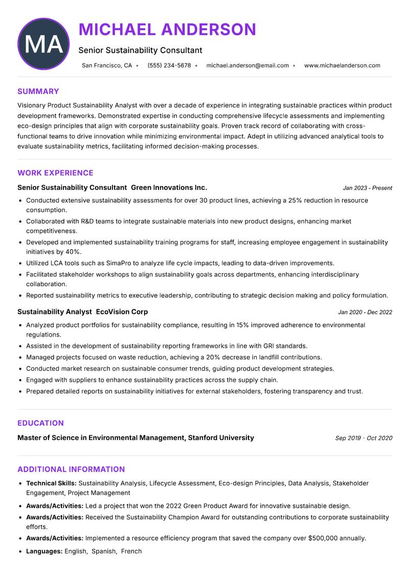 Product Sustainability Analyst resume example