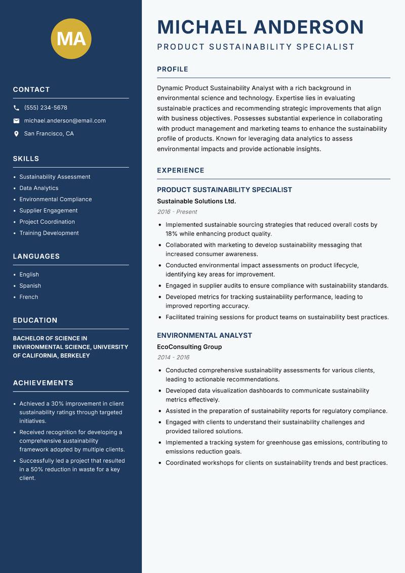 Product Sustainability Analyst resume sample — Product Sustainability Specialist focus