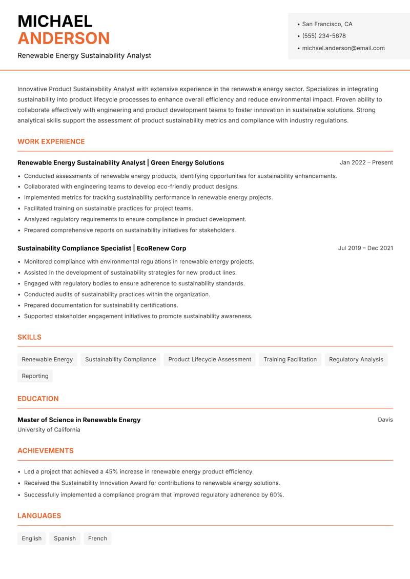 Product Sustainability Analyst resume sample — Renewable Energy Sustainability Analyst focus