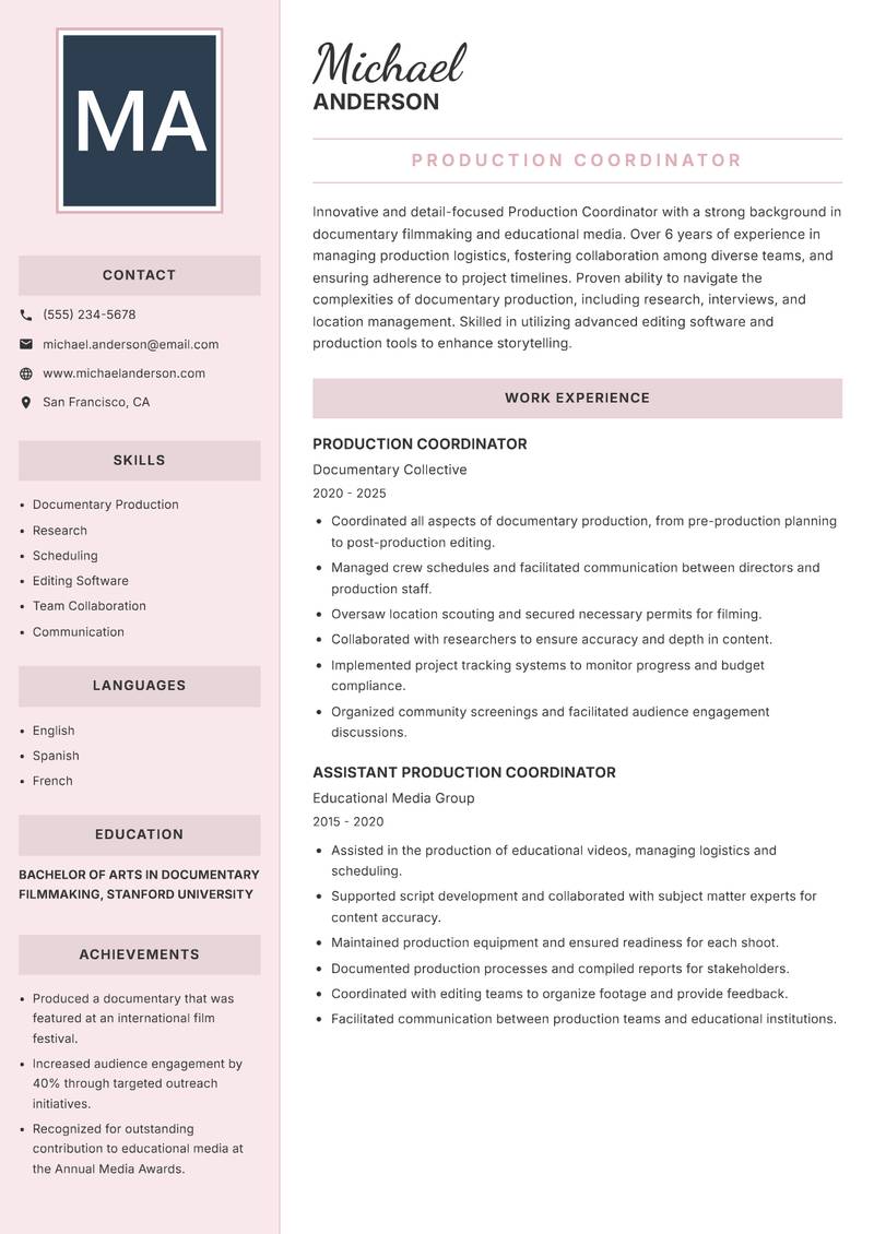 Production Coordinator resume sample — Production Coordinator focus