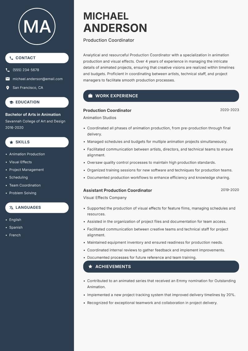 Production Coordinator resume sample — Production Coordinator focus