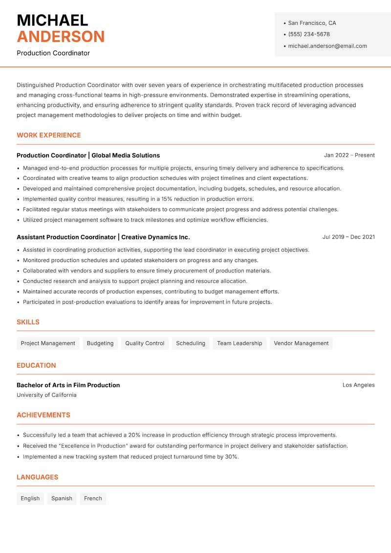Production Coordinator resume sample — Production Coordinator focus