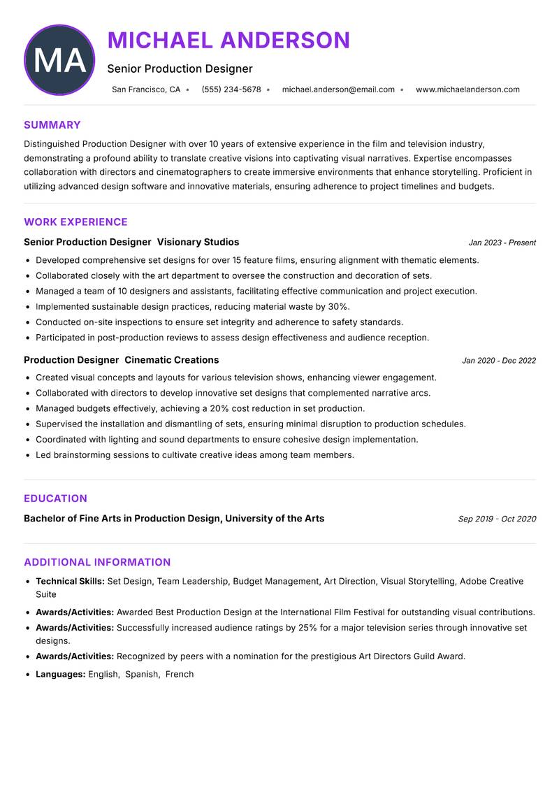 Production Designer resume example