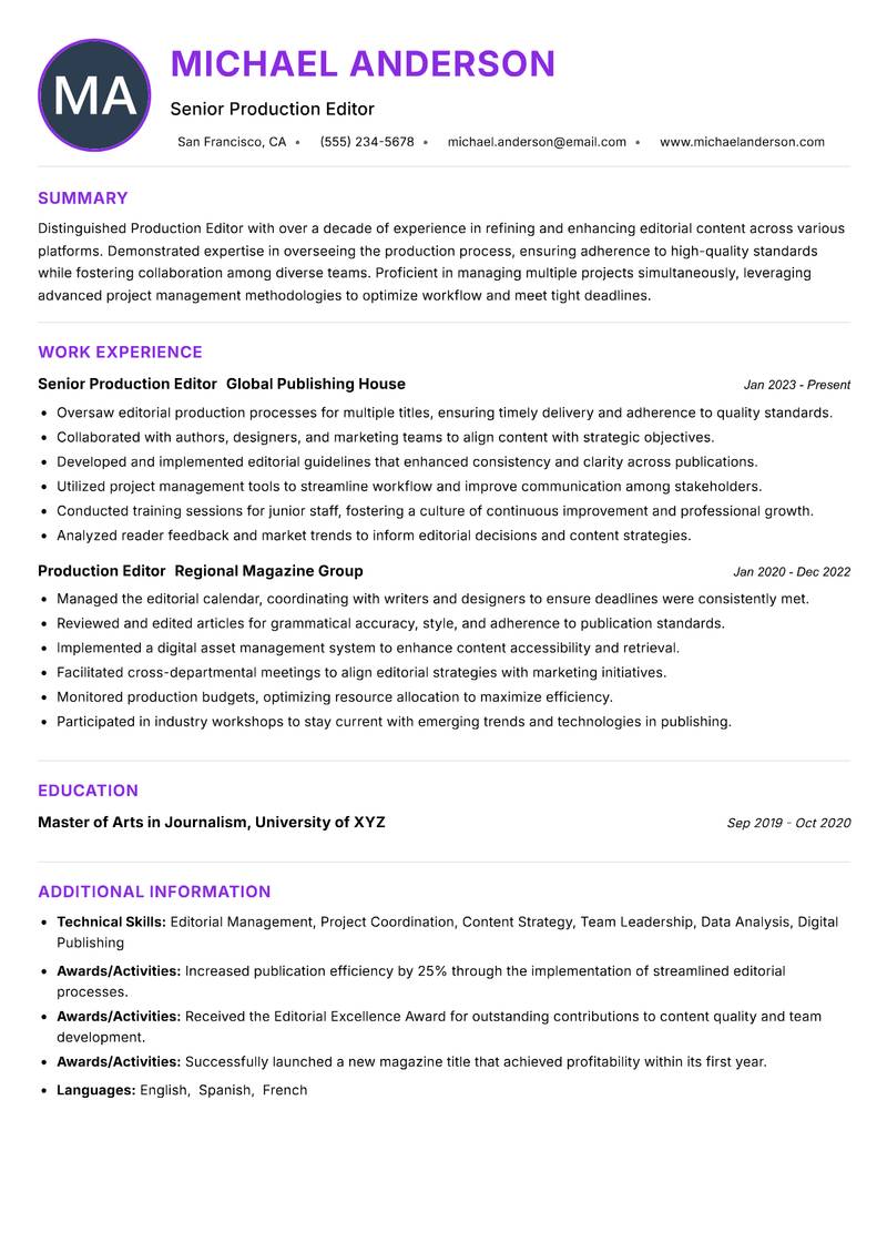 Production Editor resume example