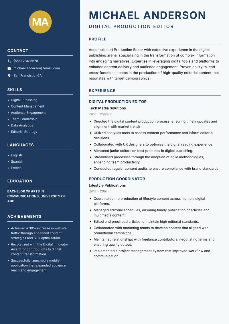 Production Editor resume sample — Digital Production Editor focus
