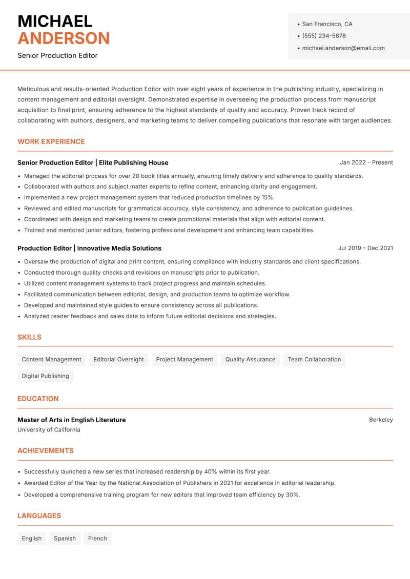 Production Editor resume sample — Senior Production Editor focus