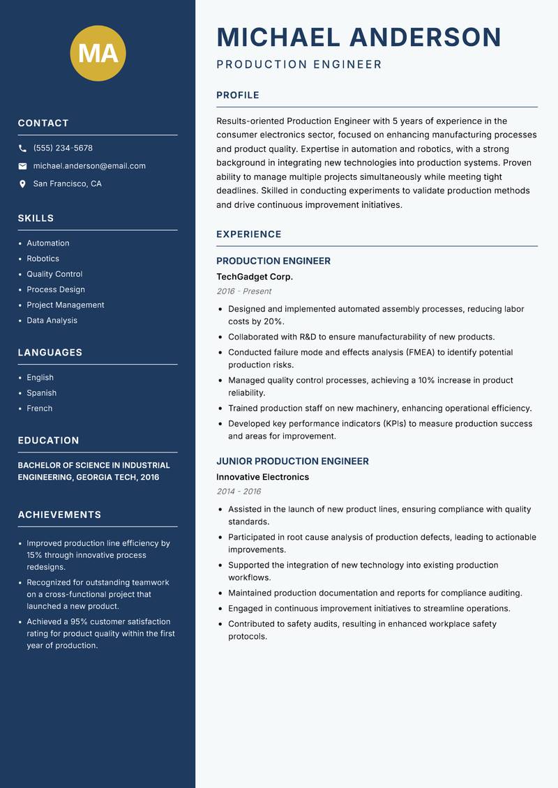 Production Engineer resume sample — Production Engineer focus