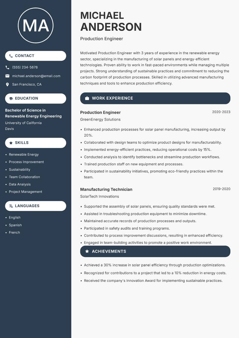 Production Engineer resume sample — Production Engineer focus