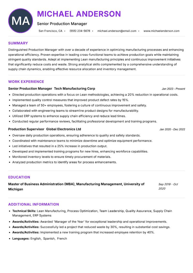 Production Manager resume example