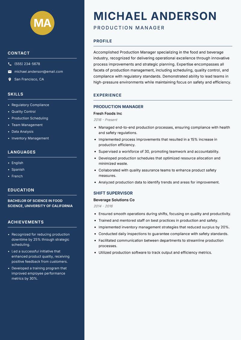 Production Manager resume sample — Production Manager focus