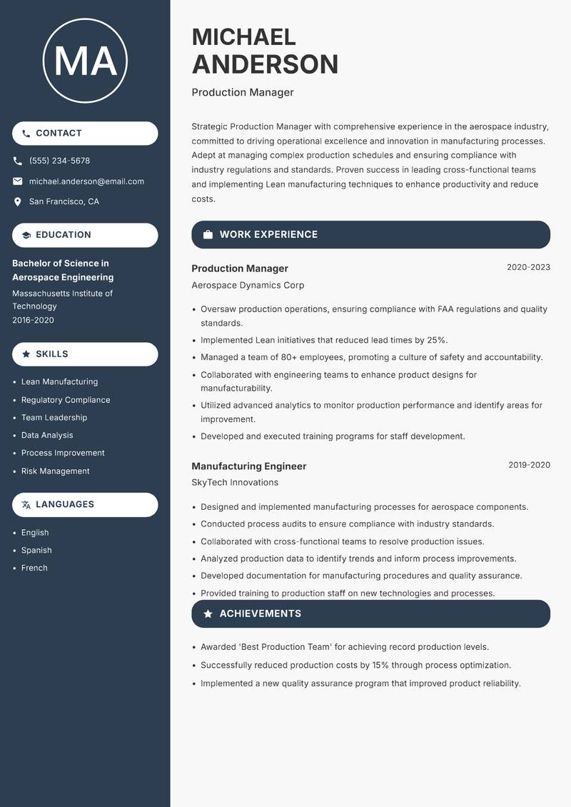 Production Manager resume sample — Production Manager focus