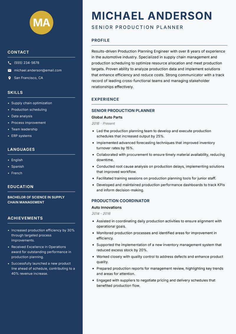 Production Planning Engineer resume sample — Senior Production Planner focus