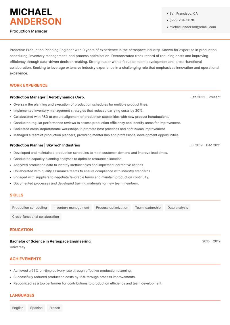 Production Planning Engineer resume sample — Production Manager focus