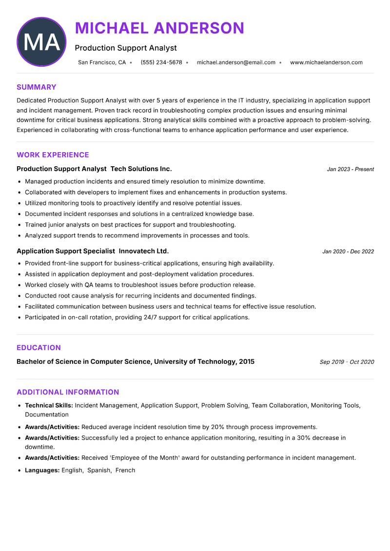 Production Support Analyst resume example