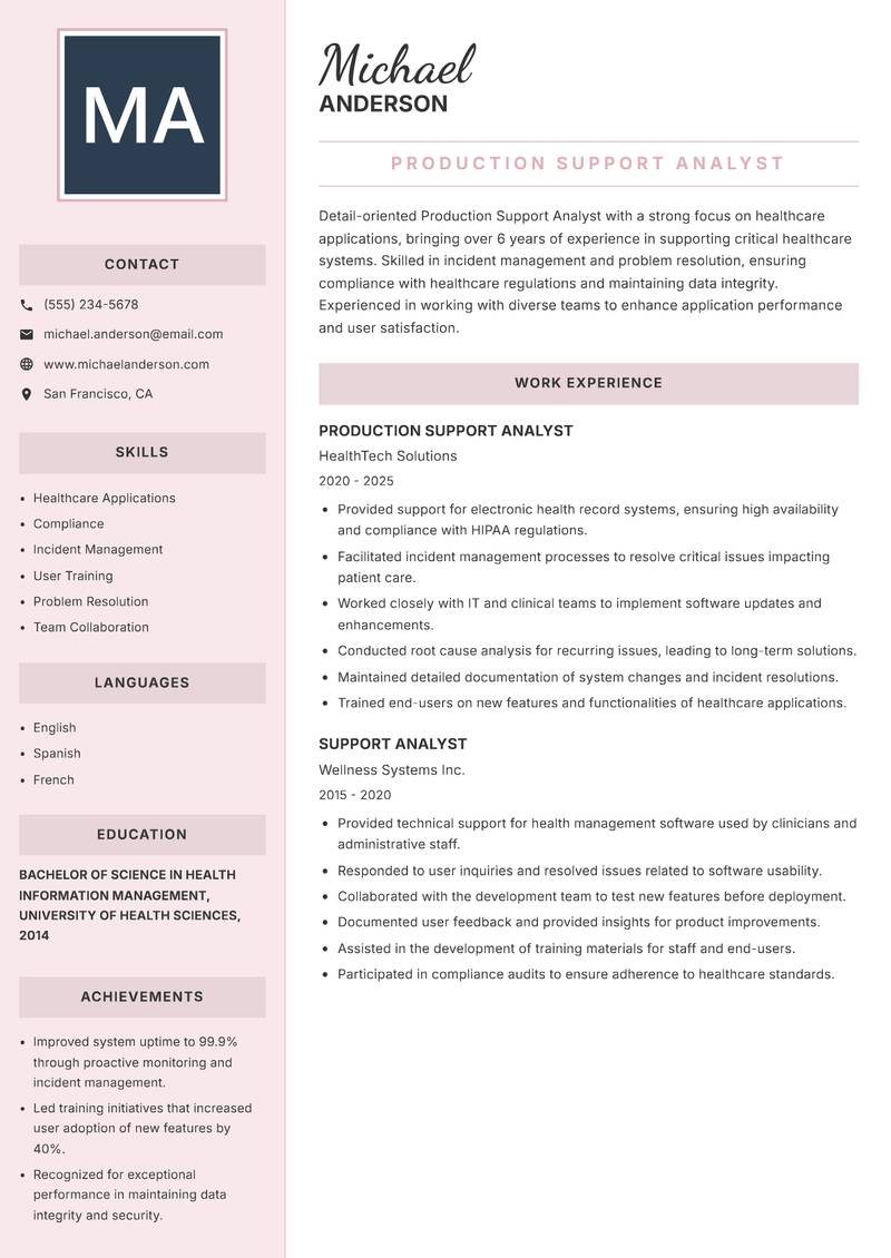 Production Support Analyst resume sample — Production Support Analyst focus
