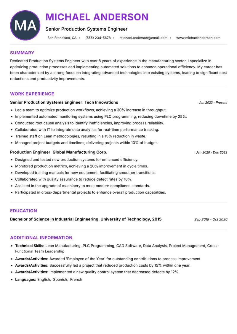 Production Systems Engineer resume example