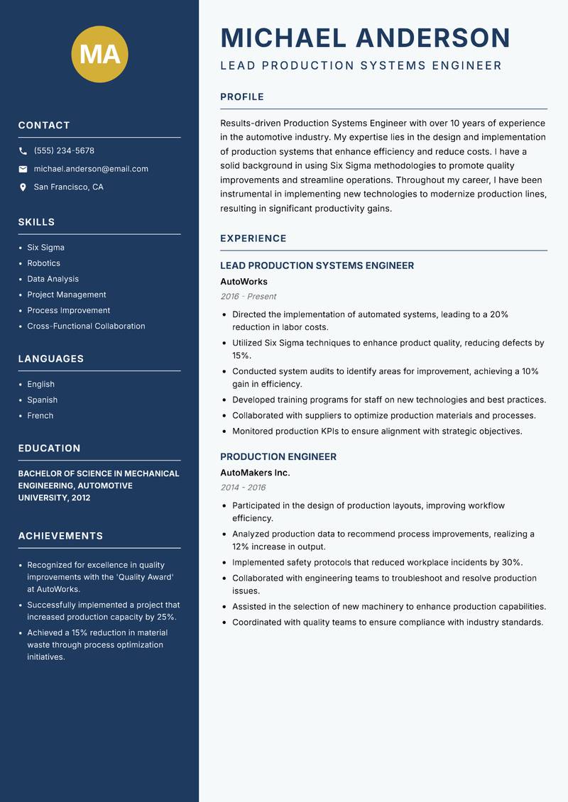 Production Systems Engineer resume sample — Lead Production Systems Engineer focus