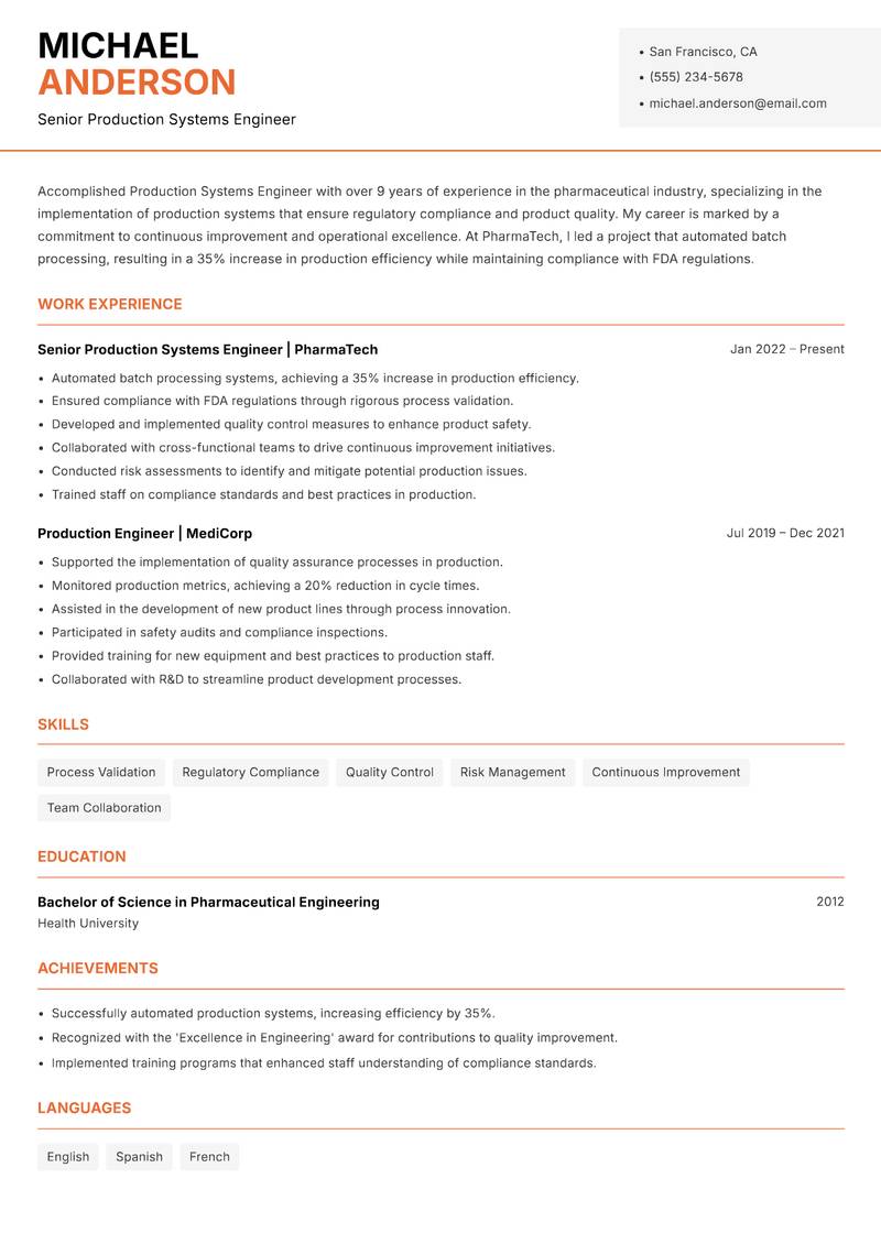 Production Systems Engineer resume sample — Senior Production Systems Engineer focus